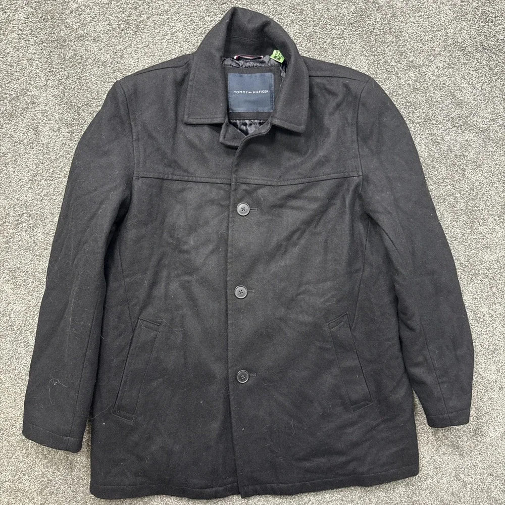 Mens L Tommy Hilfiger Coat Wool Blend Pea Coat Black Insulated Quilted Dress